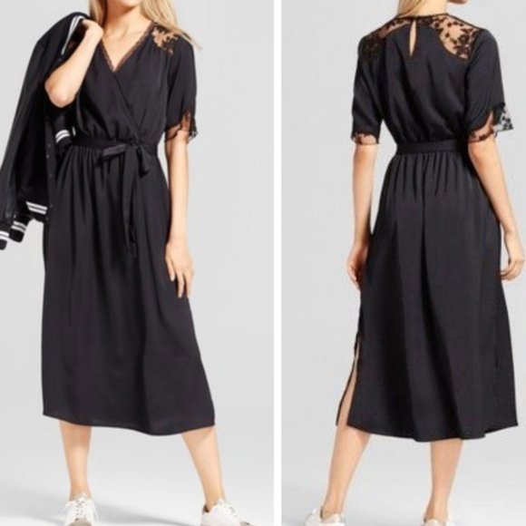 Who What Wear Dresses & Skirts - Who What Wear Blk Satiny Lace Surplice Midi Dress